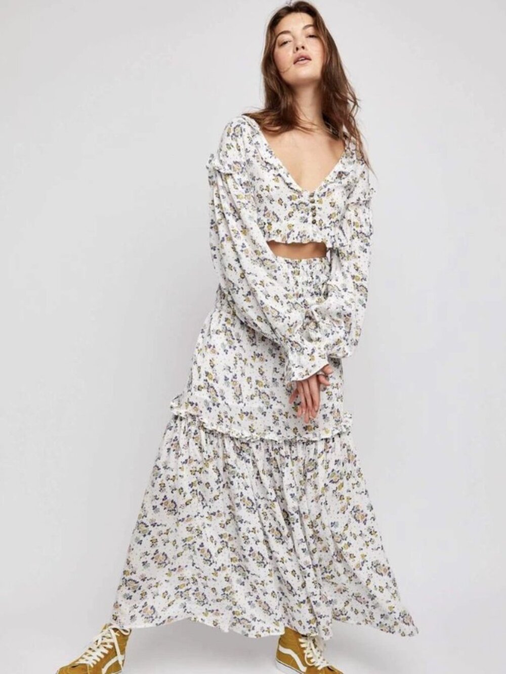 Free People Secret Garden Set Maxi Skirt & Crop Top White Combo Size M NWT